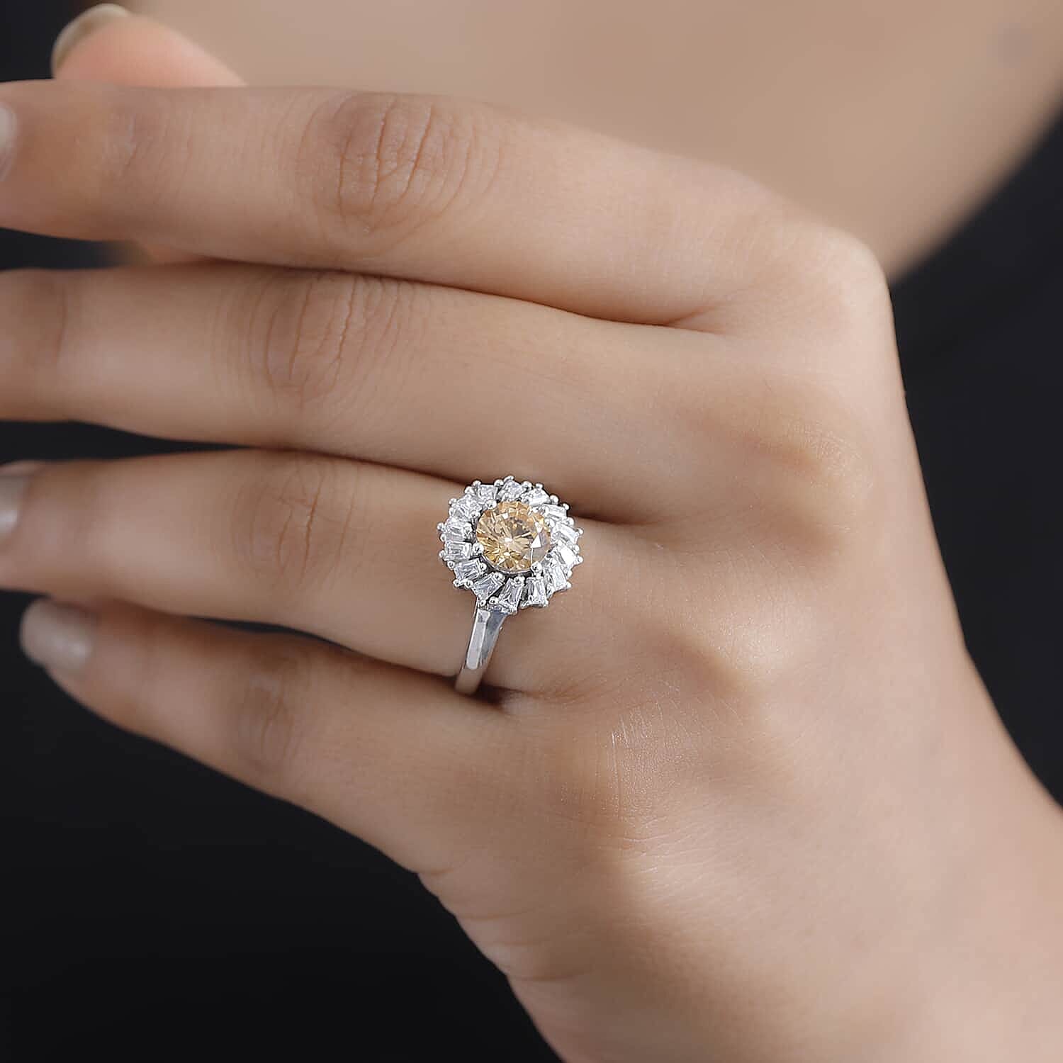 J Francis Embellished with Amber Color and White Zirconia by Swarovski 3.60 ctw Swirl Halo Ring in Rhodium Over Sterling Silver (Size 10.0)