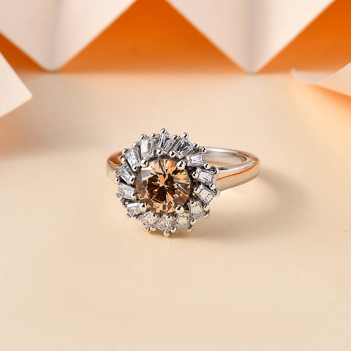 J Francis Embellished with Amber Color and White Zirconia by Swarovski 3.60 ctw Swirl Halo Ring in Rhodium Over Sterling Silver (Size 7.0) image number 1