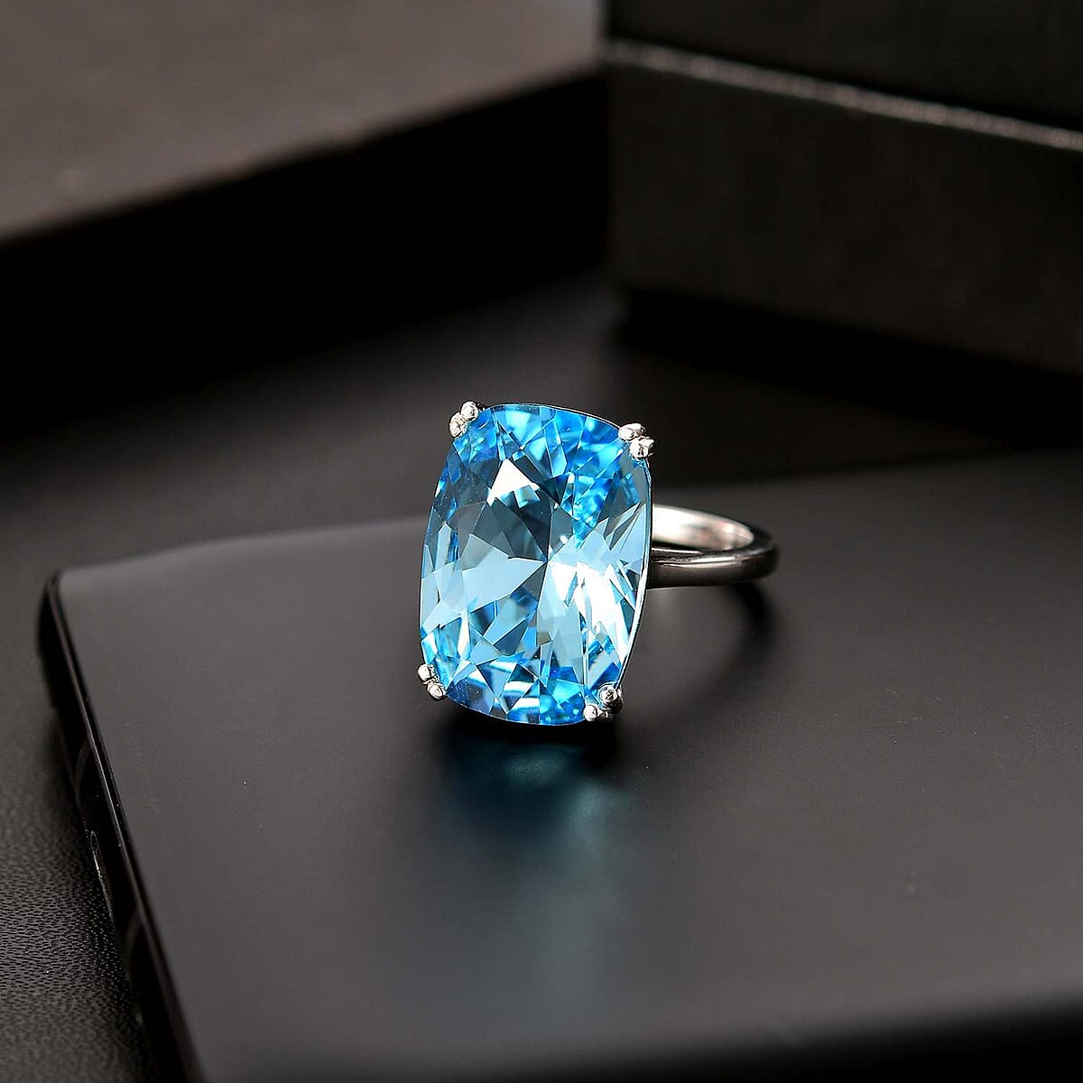 J Francis Embellished with Aquamarine Crystal by Swarovski Solitaire Ring in Rhodium Over Sterling Silver (Size 6.0) image number 1