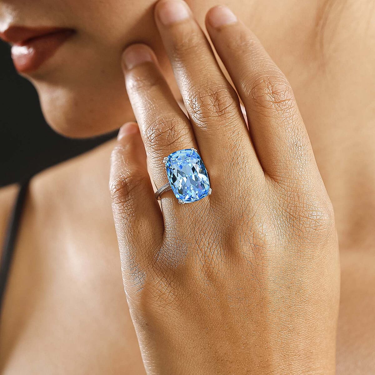 J Francis Embellished with Aquamarine Crystal by Swarovski Solitaire Ring in Rhodium Over Sterling Silver (Size 6.0) image number 2