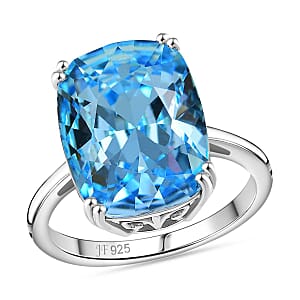 J Francis Embellished with Aquamarine Crystal by Swarovski Solitaire Ring in Rhodium Over Sterling Silver (Size 7.0)