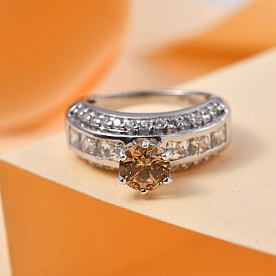J Francis Embellished with Amber and White Zirconia by Swarovski 4.50 ctw Bridge Ring in Rhodium Over Sterling Silver (Size 10.0)