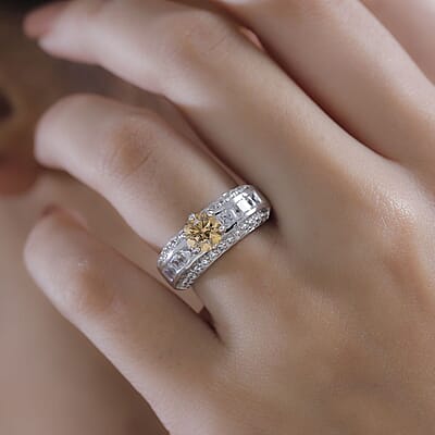 J Francis Embellished with Amber and White Zirconia by Swarovski 4.50 ctw Bridge Ring in Rhodium Over Sterling Silver (Size 10.0)