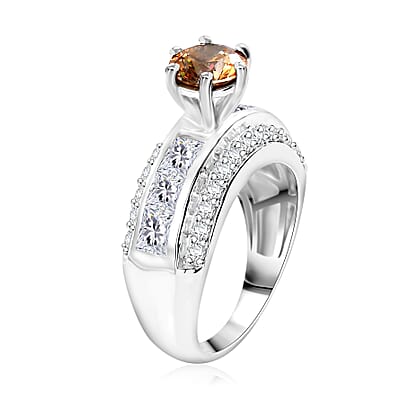 J Francis Embellished with Amber and White Zirconia by Swarovski 4.50 ctw Bridge Ring in Rhodium Over Sterling Silver (Size 10.0)
