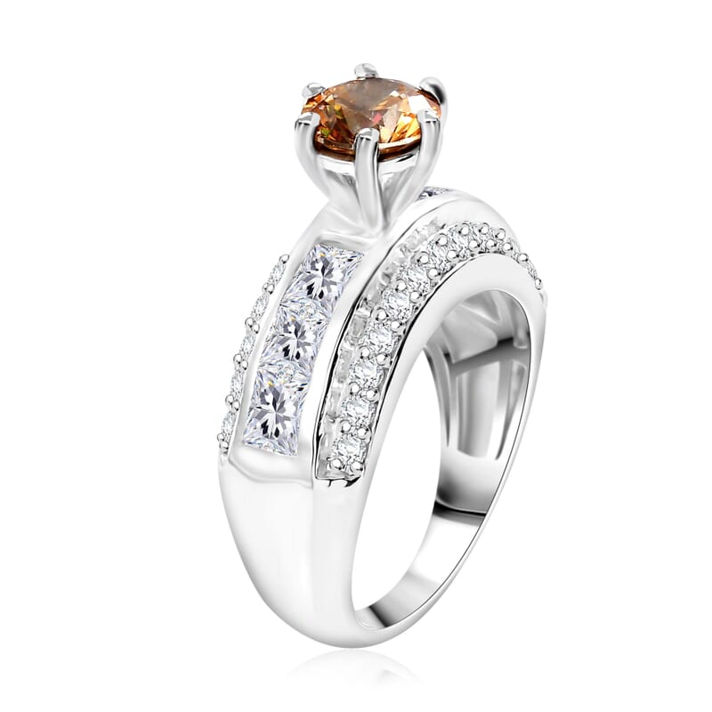 J Francis Embellished with Amber and White Zirconia by Swarovski 4.50 ctw Bridge Ring in Rhodium Over Sterling Silver (Size 10.0)