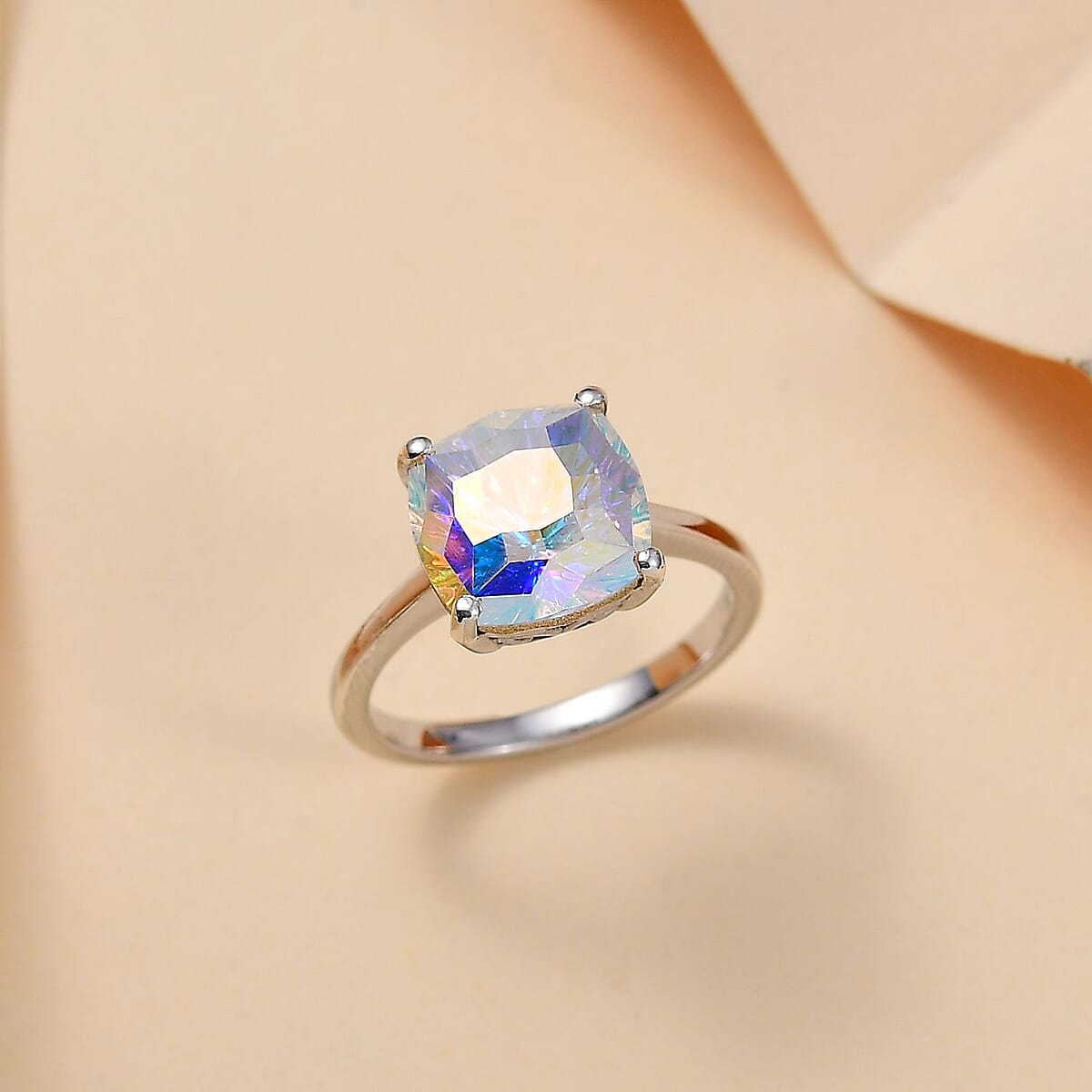 J Francis Embellished with Aurora Borealis Crystal by Swarovski Solitaire Ring in Rhodium Over Sterling Silver (Size 9.0) image number 1