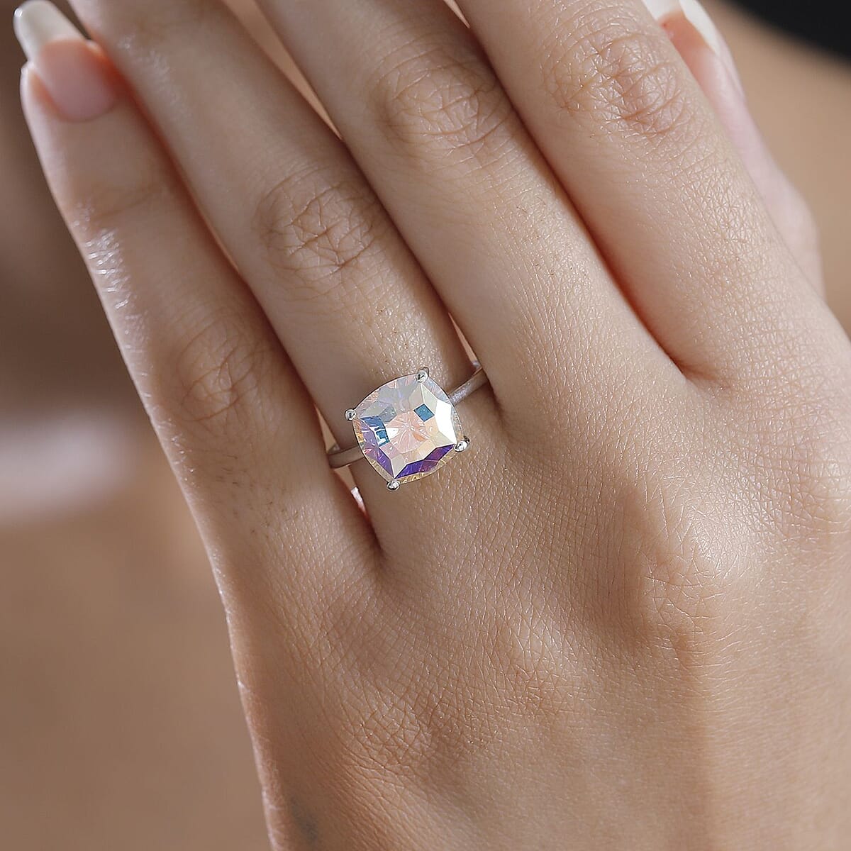 J Francis Embellished with Aurora Borealis Crystal by Swarovski Solitaire Ring in Rhodium Over Sterling Silver (Size 9.0) image number 2