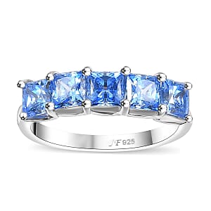 J Francis Embellished with Arctic Blue Zirconia by Swarovski 3.40 ctw 5 Stone Ring in Rhodium Over Sterling Silver (Size 8.0)