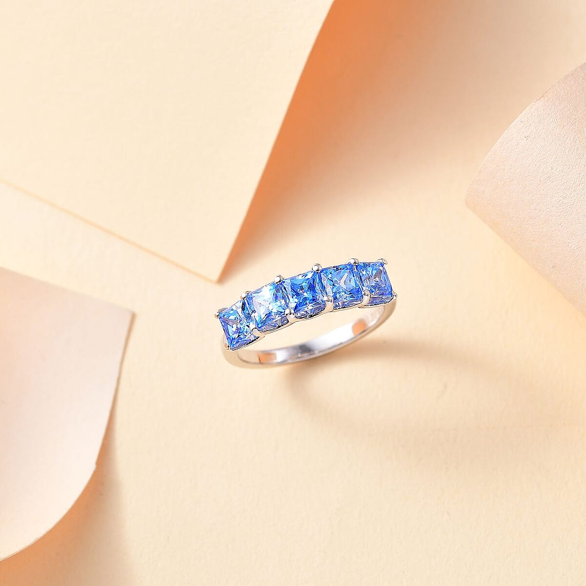 J Francis Embellished with Arctic Blue Zirconia by Swarovski 3.40 ctw 5 Stone Ring in Rhodium Over Sterling Silver (Size 8.0) image number 1