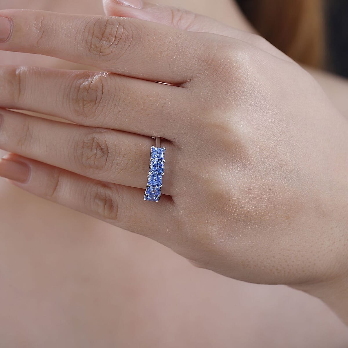 J Francis Embellished with Arctic Blue Zirconia by Swarovski 3.40 ctw 5 Stone Ring in Rhodium Over Sterling Silver (Size 8.0) image number 2