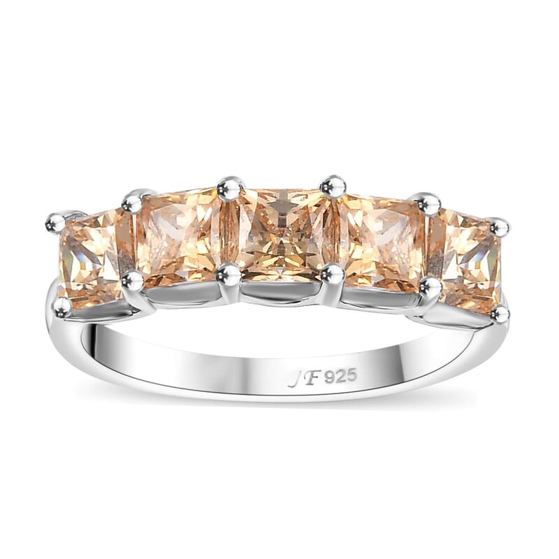 J Francis Embellished with Fancy Yellow Zirconia by Swarovski 3.50 ctw 5 Stone Ring in Rhodium Over Sterling Silver (Size 10.0) 