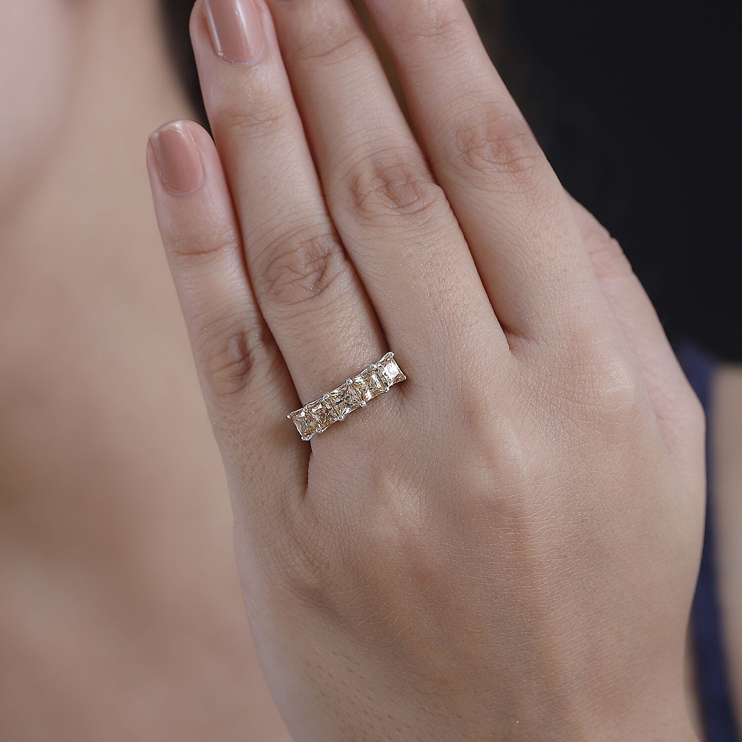 J Francis Embellished with Fancy Yellow Zirconia by Swarovski 3.50 ctw 5 Stone Ring in Rhodium Over Sterling Silver (Size 10.0) 