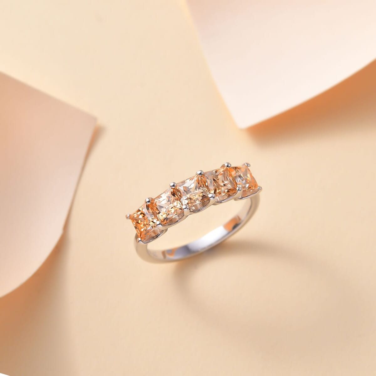 J Francis Embellished with Fancy Yellow Zirconia by Swarovski 3.50 ctw 5 Stone Ring in Rhodium Over Sterling Silver (Size 7.0) image number 1