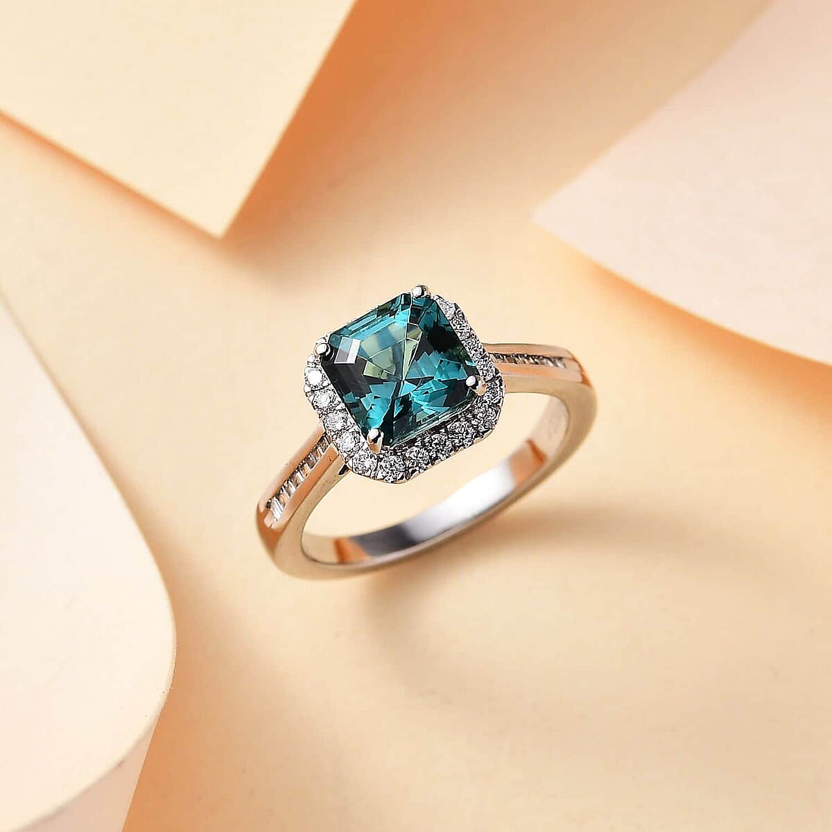 Certified & Appraised Rhapsody Asscher Cut AAAA Pirineu Lagoon Tourmaline and E-F VS Diamond 2.32 ctw Ring in 950 Platinum (Size 5.5) 6 Grams image number 1