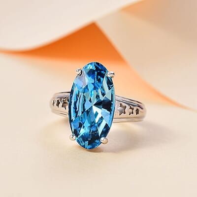 J Francis Embellished with Aquamarine Crystal by Swarovski Stars in Sky Ring in Rhodium Over Sterling Silver (Size 10.0)