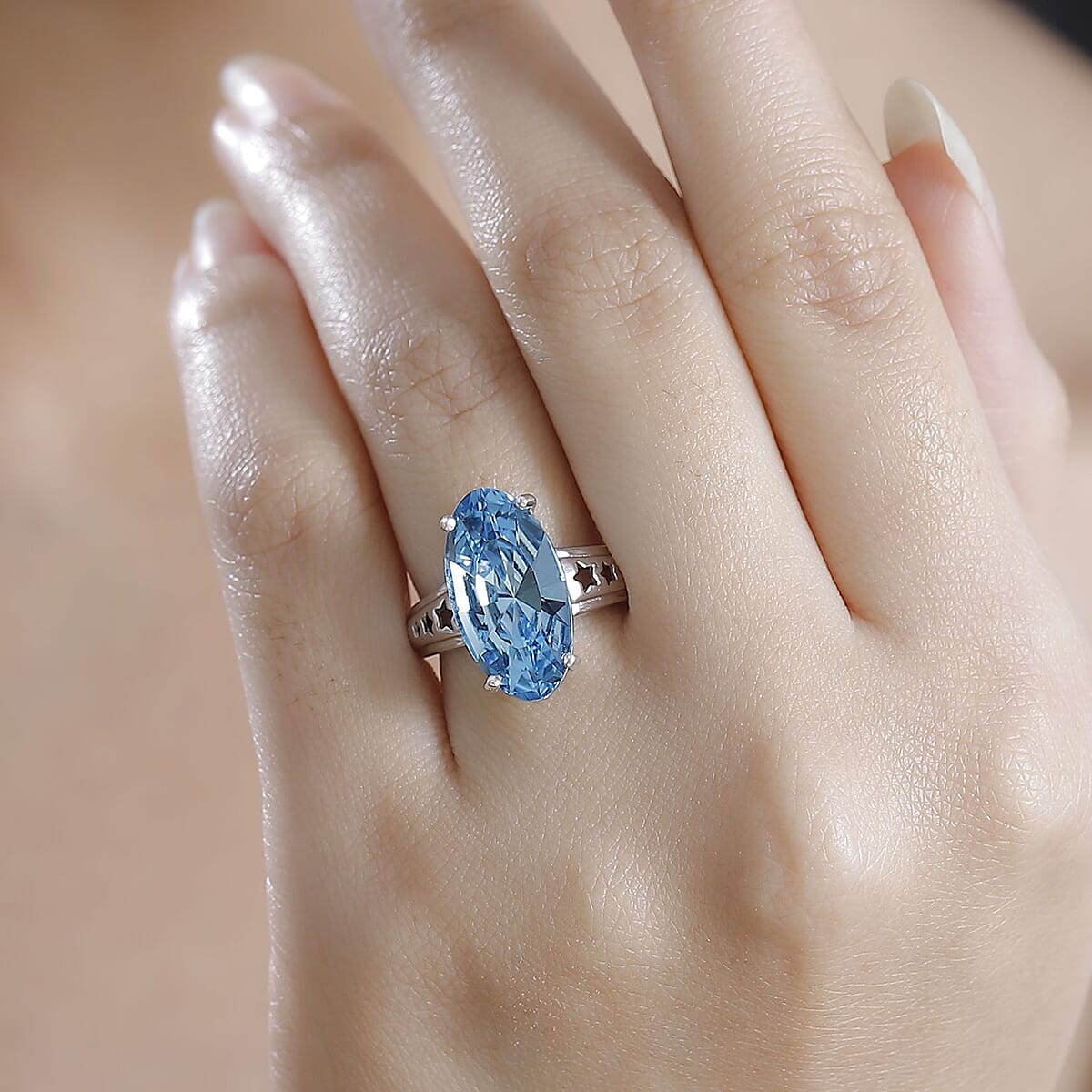 J Francis Embellished with Aquamarine Crystal by Swarovski Stars in Sky Ring in Rhodium Over Sterling Silver (Size 5.0) image number 2