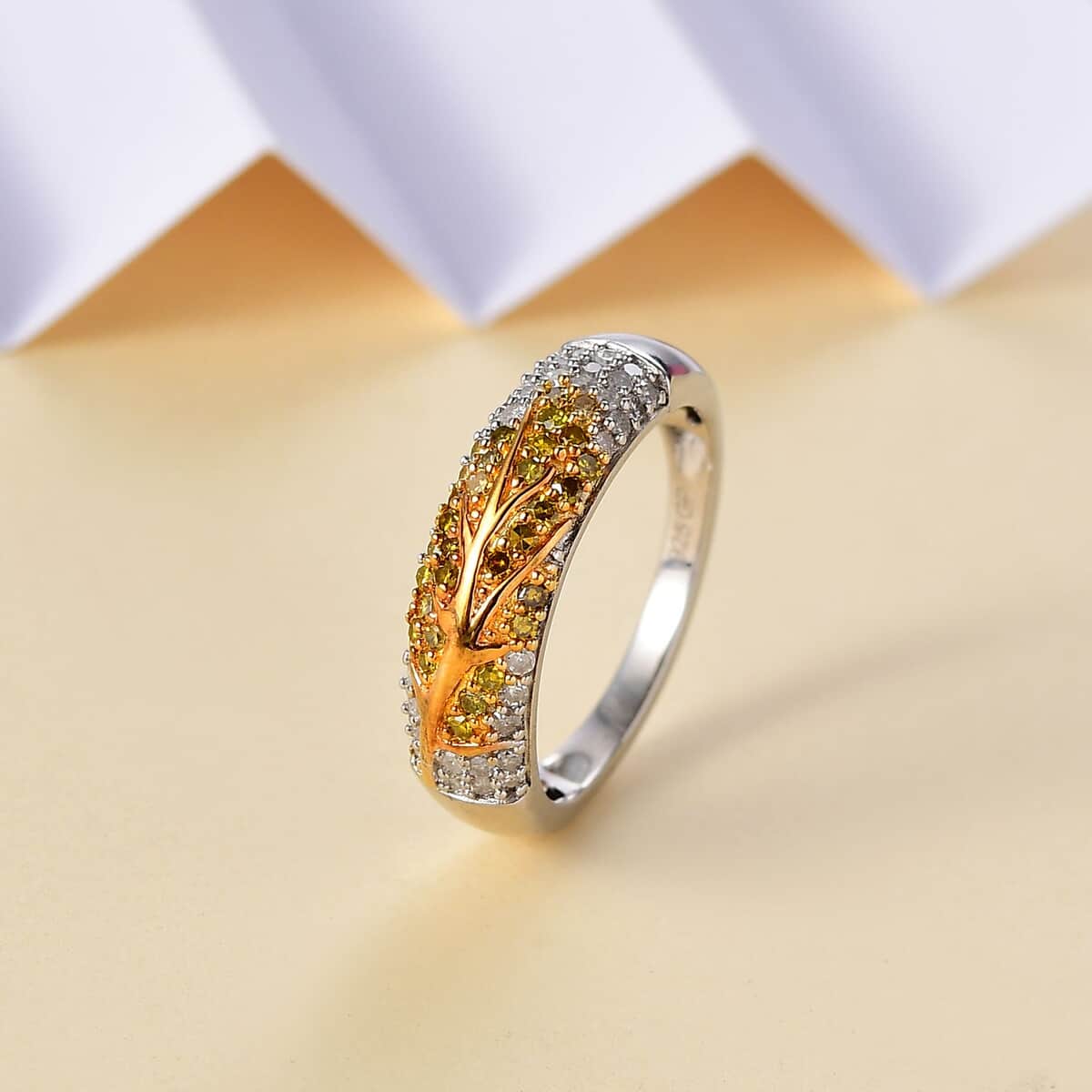 GP Italian Garden Collection Yellow and White Diamond 0.50 ctw Tree of Life Ring in Vermeil YG Over and Rhodium Over Sterling Silver (Size 5.0)  image number 1