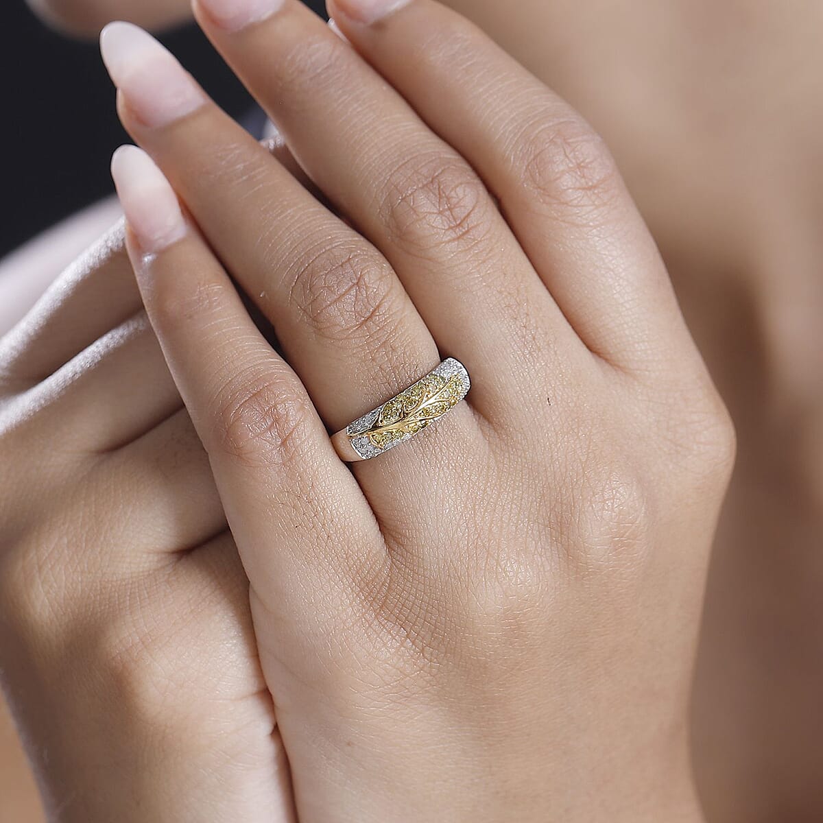 GP Italian Garden Collection Yellow and White Diamond 0.50 ctw Tree of Life Ring in Vermeil YG and Rhodium Over Sterling Silver (Size 7.0)  image number 2