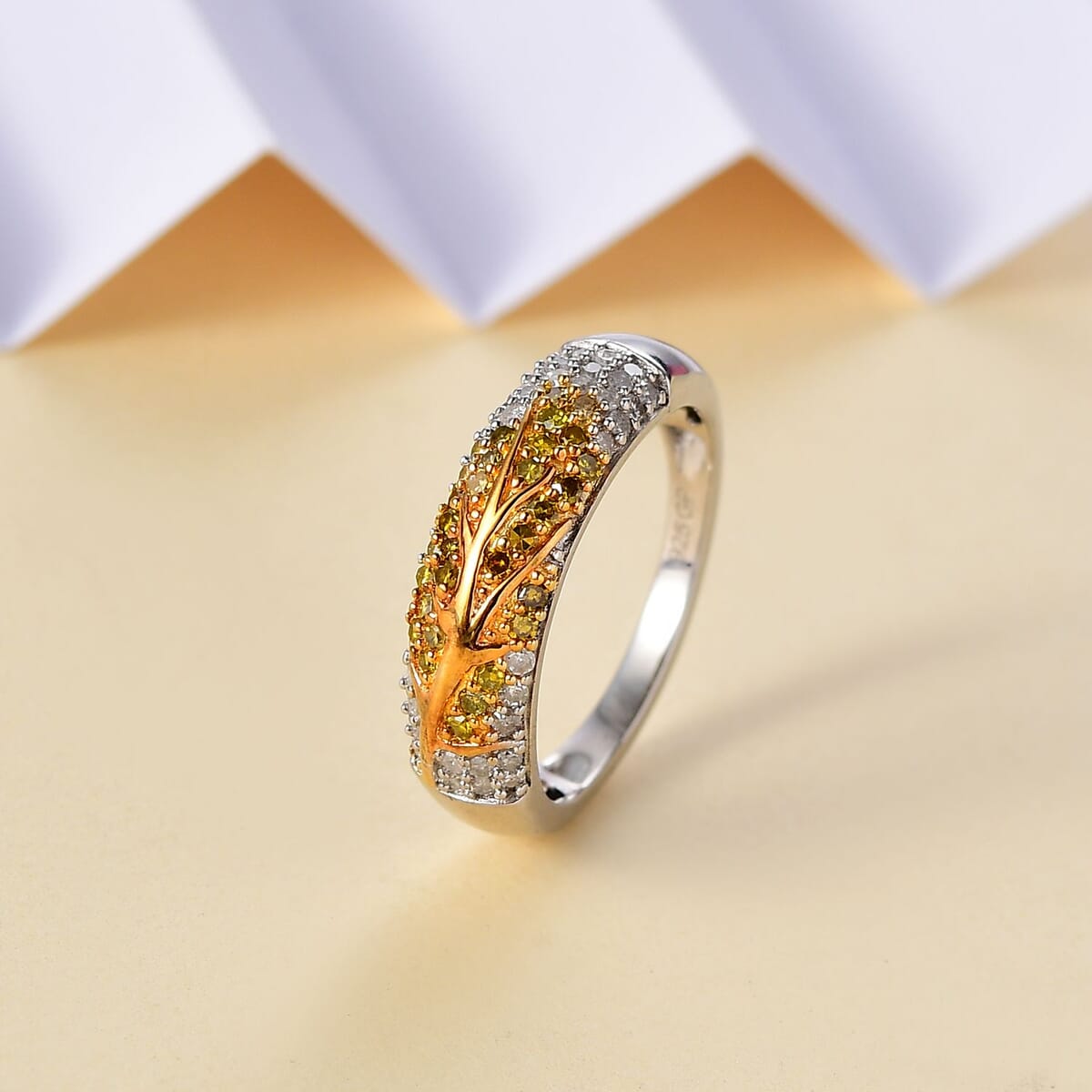 GP Italian Garden Collection Yellow and White Diamond 0.50 ctw Tree of Life Ring in Vermeil YG and Rhodium Over Sterling Silver (Size 9.0)  image number 1