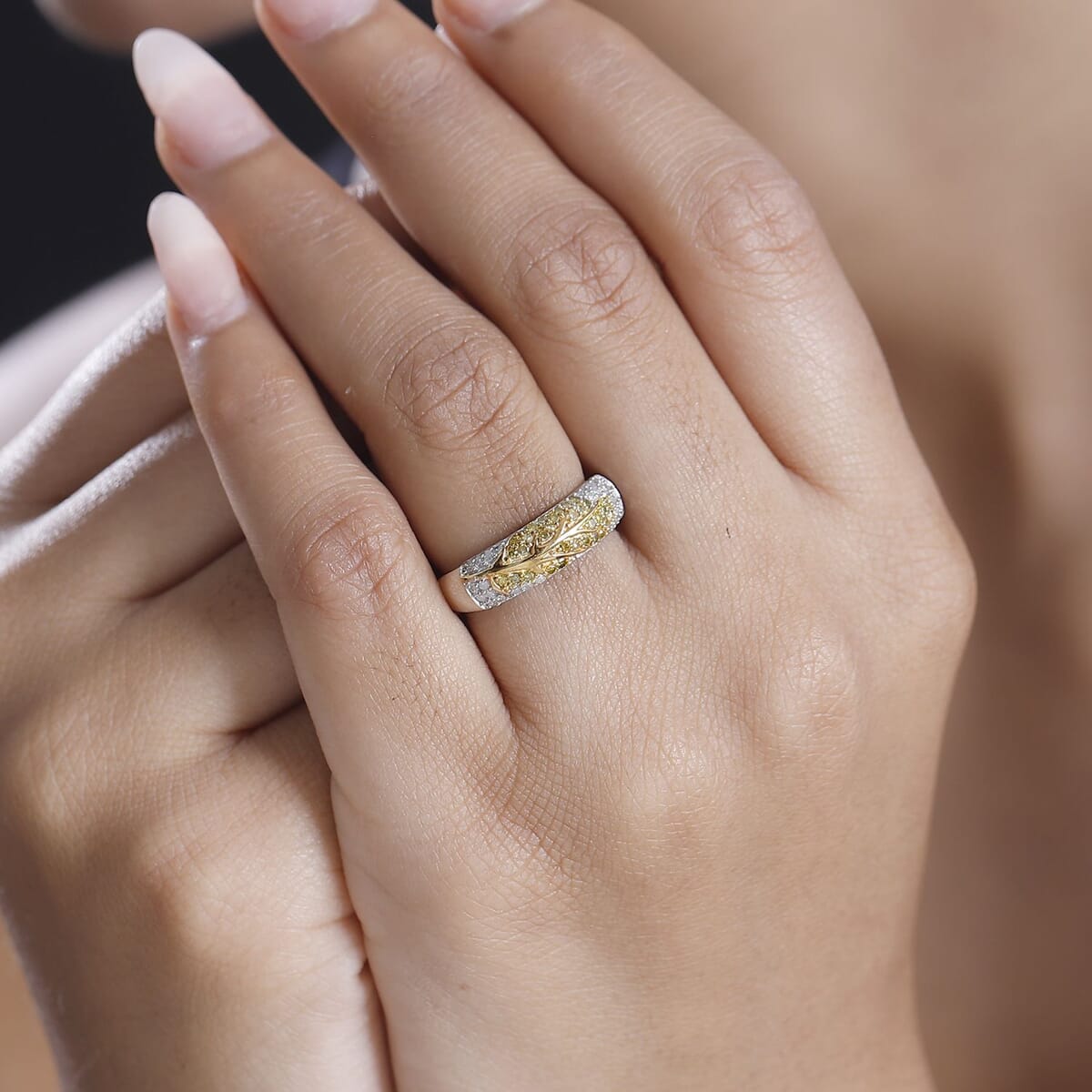 GP Italian Garden Collection Yellow and White Diamond 0.50 ctw Tree of Life Ring in Vermeil YG and Rhodium Over Sterling Silver (Size 9.0)  image number 2