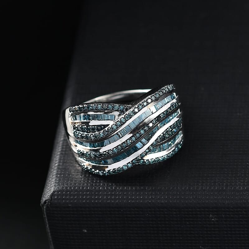 D'Joy Blue Diamond 1.00 ctw Bridge Over Ring in Rhodium Over Sterling Silver (Size 10.0)