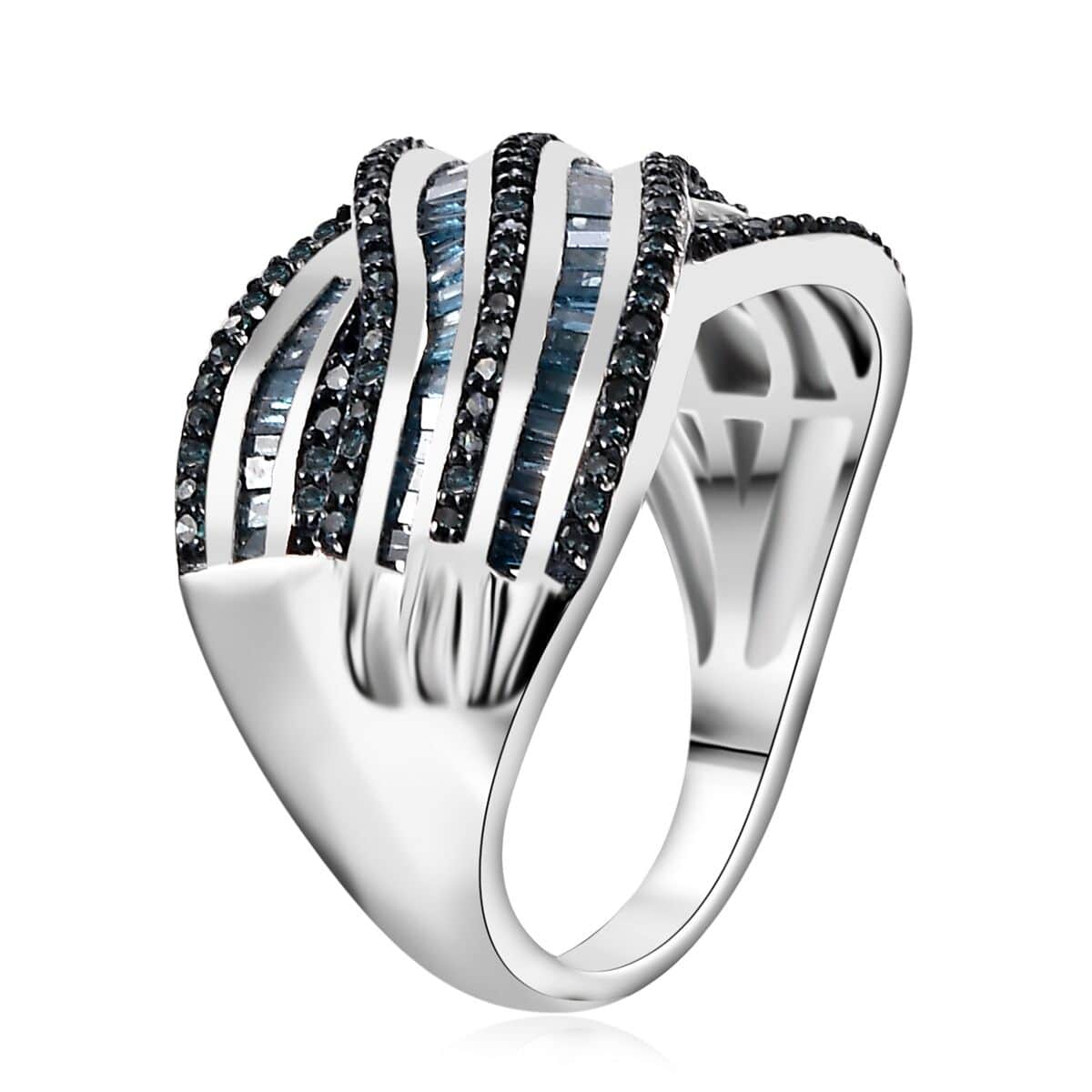 Blue Diamond 1.00 ctw Bridge Over Ring in Rhodium Over Sterling Silver (Size 10.0) image number 3