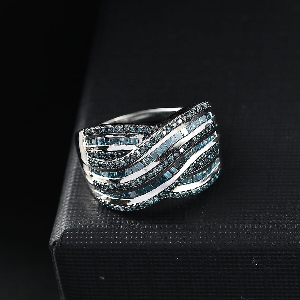 Blue Diamond 1.00 ctw Bridge Over Ring in Rhodium Over Sterling Silver (Size 7.0) image number 1