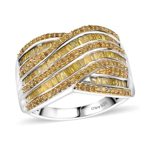 Yellow Diamond (IR) Bridge Over Ring in Rhodium Over Sterling Silver (Size 10.0) 1.00 ctw