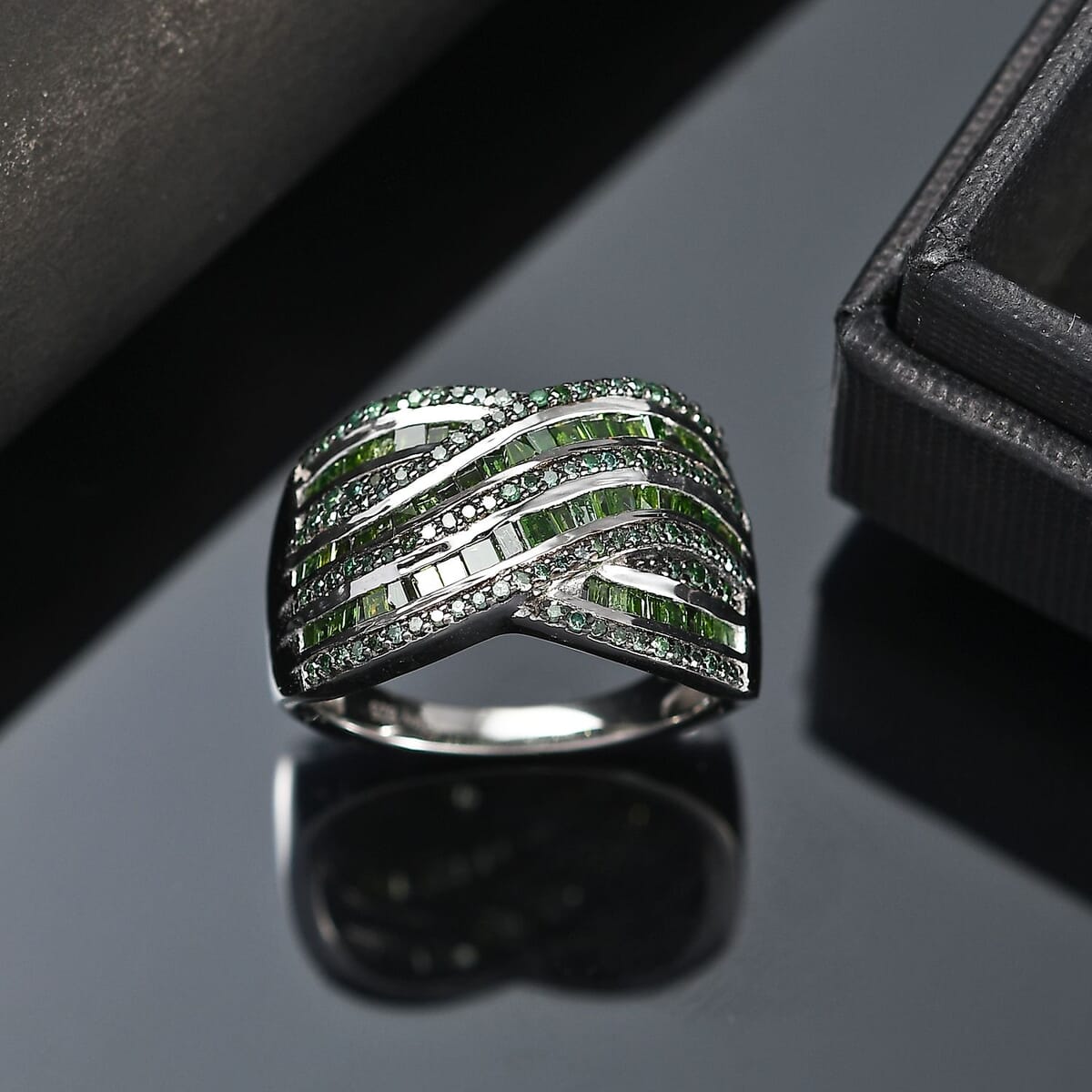Green Diamond 1.00 ctw Bridge Over Ring in Rhodium Over Sterling Silver (Size 8.0) image number 1