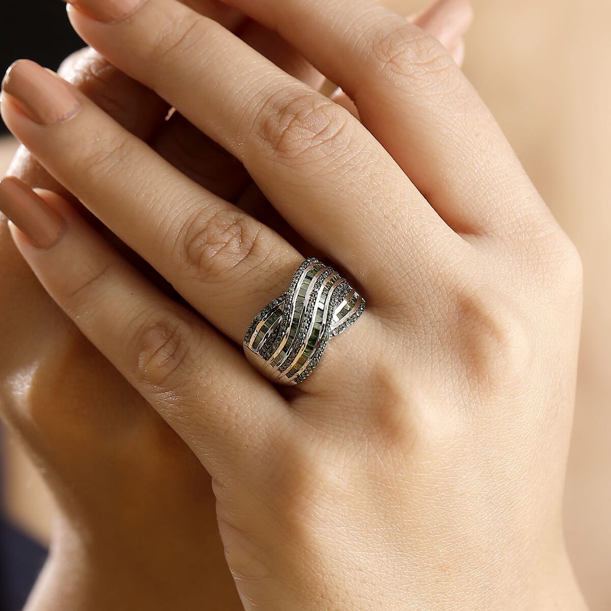 Green Diamond 1.00 ctw Bridge Over Ring in Rhodium Over Sterling Silver (Size 8.0) image number 2