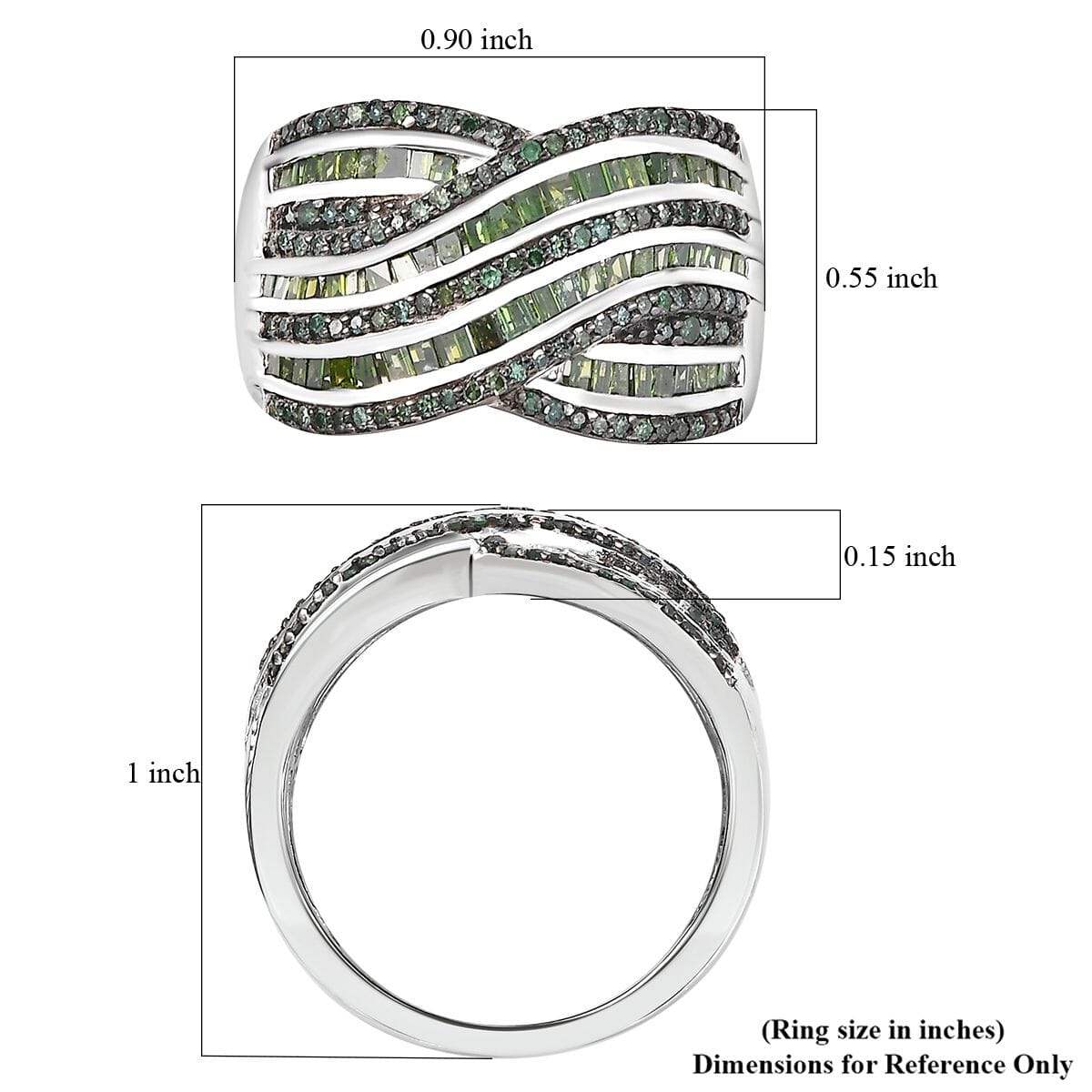 Green Diamond 1.00 ctw Bridge Over Ring in Rhodium Over Sterling Silver (Size 8.0) image number 5