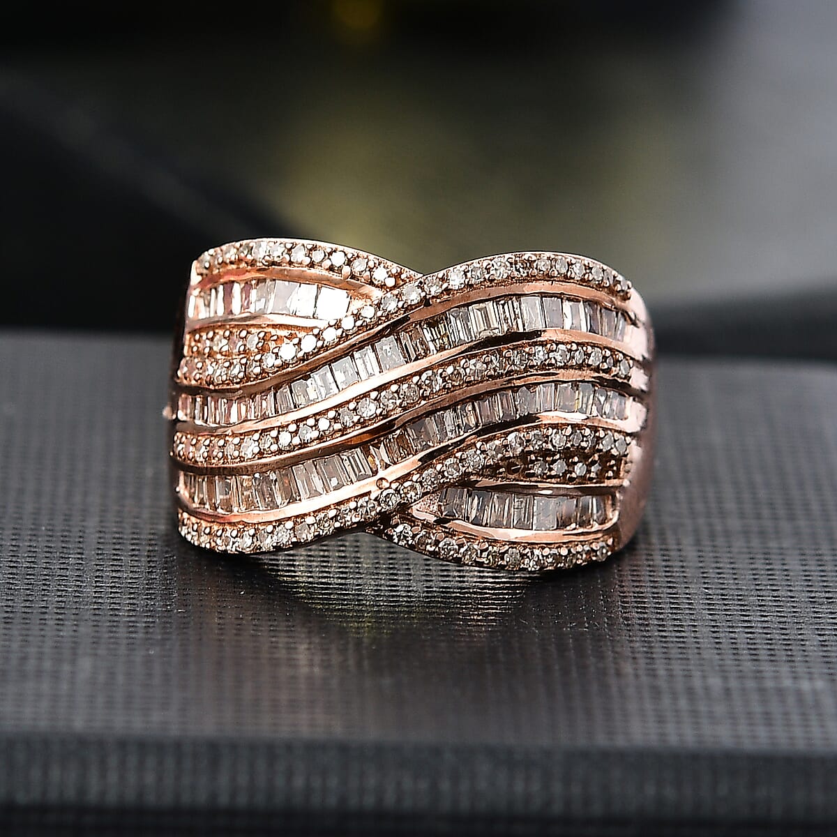 Natural Champagne Diamond 1.00 ctw Waves Ring in 18K Vermeil RG Over Sterling Silver (Size  8.0) image number 1