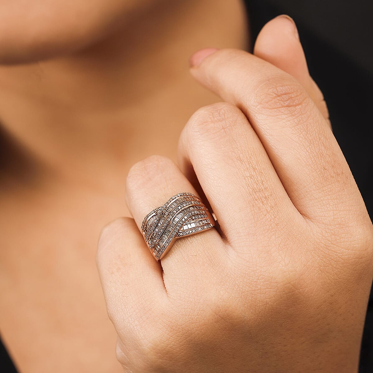 Natural Champagne Diamond 1.00 ctw Waves Ring in 18K Vermeil RG Over Sterling Silver (Size  8.0) image number 2