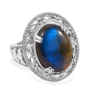 Labradorite 16.00 ctw Ring in Rhodium Over Sterling Silver (Size 6.5)