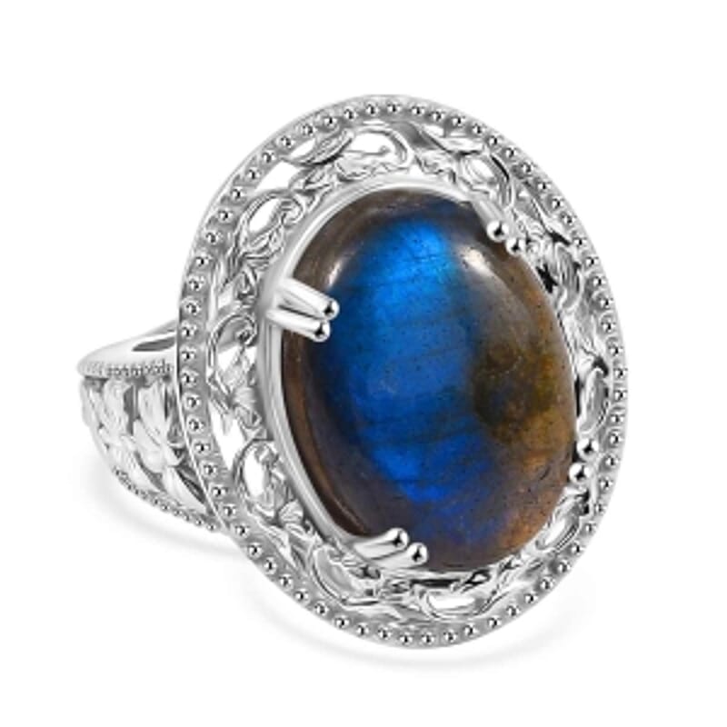 Labradorite 16.00 ctw Ring in Rhodium Over Sterling Silver (Size 6.5)