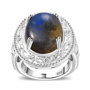 Labradorite 16.00 ctw Ring in Rhodium Over Sterling Silver (Size 6.5)