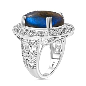Labradorite 16.00 ctw Ring in Rhodium Over Sterling Silver (Size 6.5)