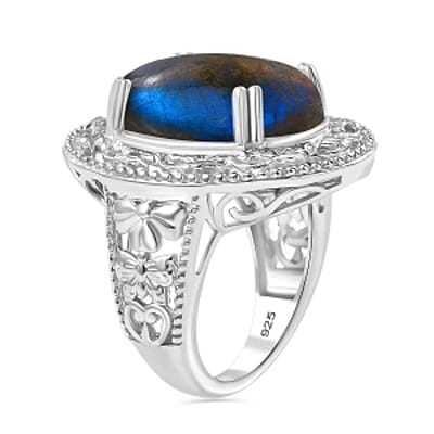 Labradorite 16.00 ctw Ring in Rhodium Over Sterling Silver (Size 6.5)