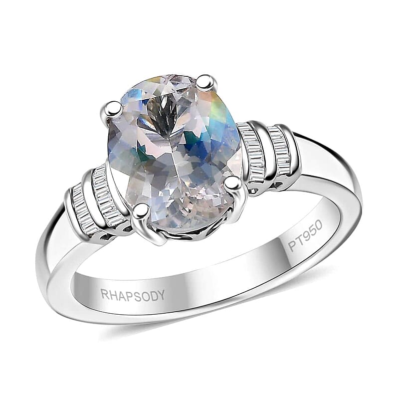 Rhapsody AAAA Malagasy Moonstone and E-F VS Diamond 2.40 ctw Ring in 950 Platinum (Size 10.0) 6.80 Grams