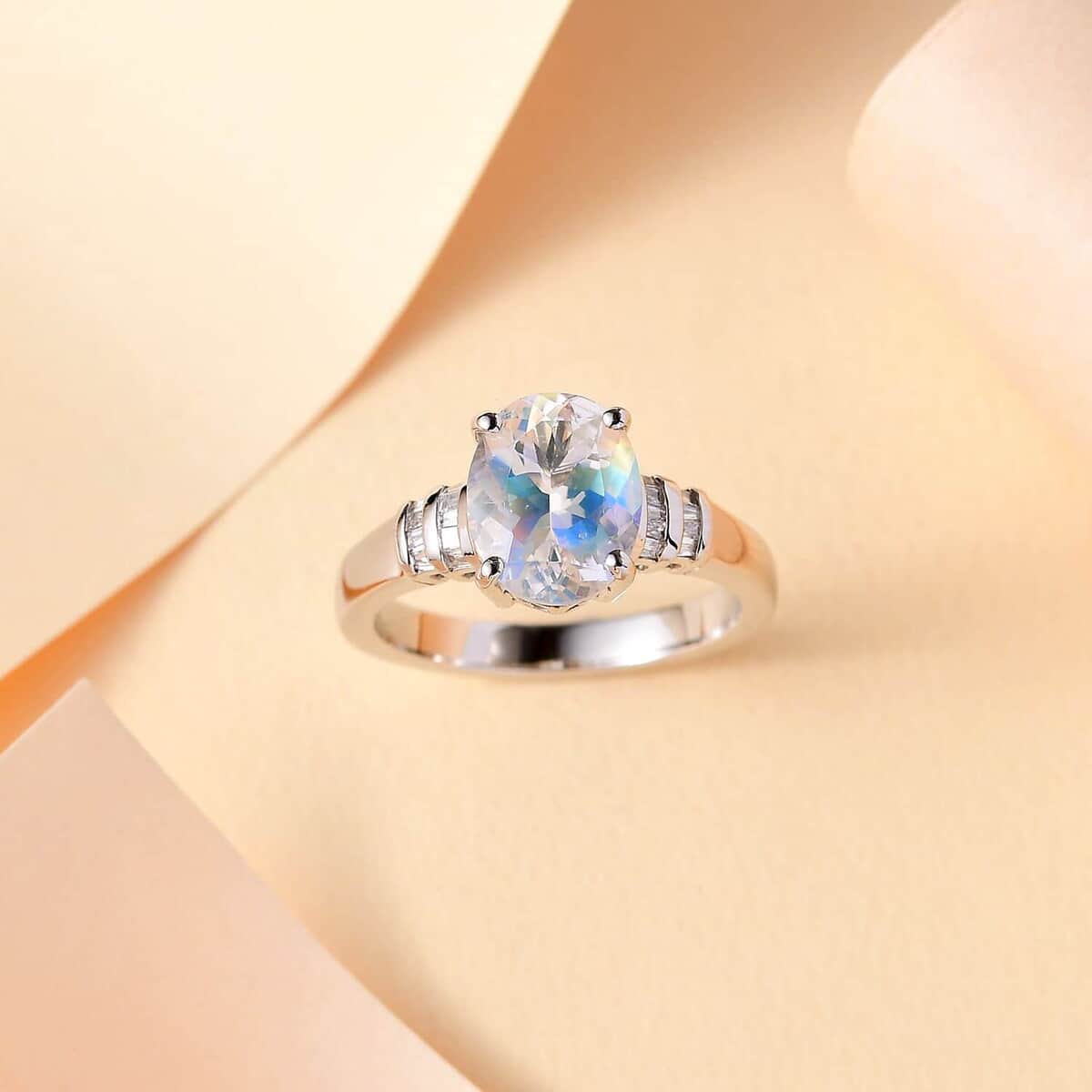 Rhapsody AAAA Malagasy Moonstone and E-F VS Diamond 2.40 ctw Ring in 950 Platinum (Size 7.0) 6.80 Grams image number 1