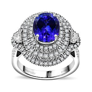 950 Platinum  AAAA  Tanzanite   White Diamond  EF, VS Main Stone With Side Stone Ring ,  Platinum Wt. 9 g 4.73 ctw