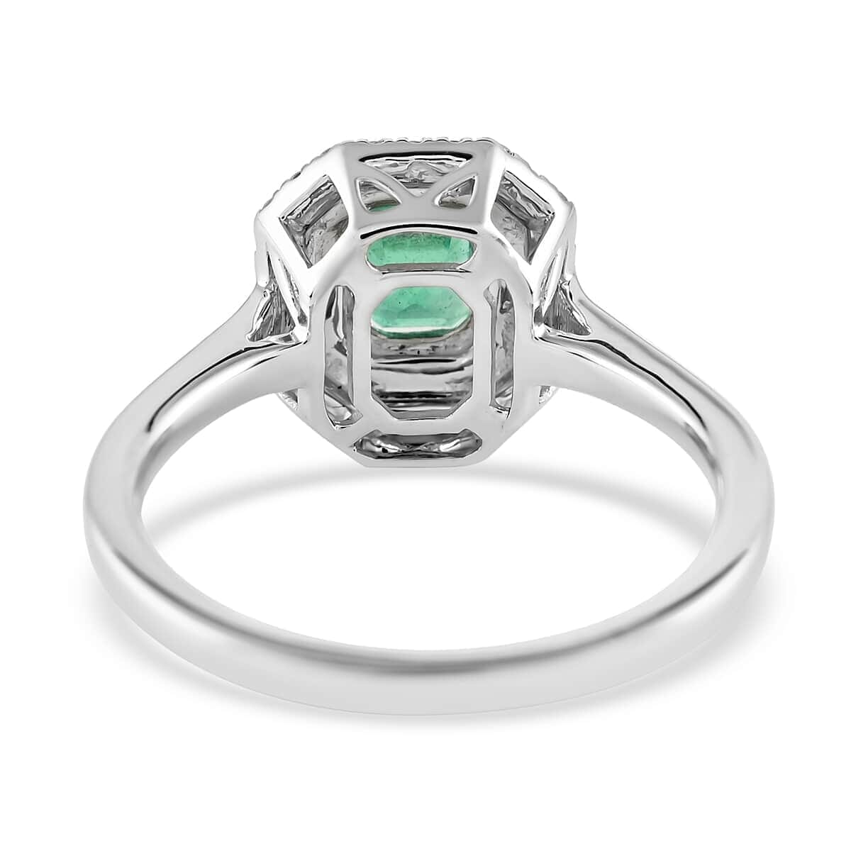 Certified & Appraised Rhapsody AAAA Boyaca Colombian Emerald and Diamond E-F VS 1.00 ctcw Double Halo Ring in 950 Platinum (Size 5.0) 4.75 Grams image number 4