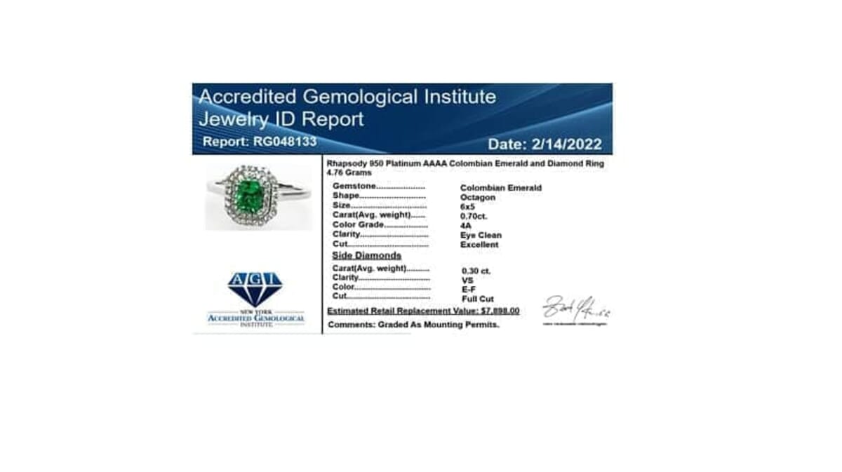 Certified & Appraised Rhapsody AAAA Boyaca Colombian Emerald and Diamond E-F VS 1.00 ctcw Double Halo Ring in 950 Platinum (Size 5.0) 4.75 Grams image number 6