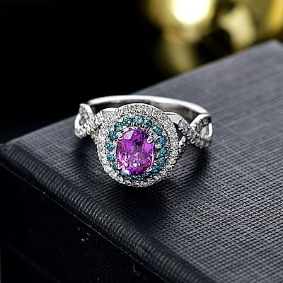 Certified & Appraised Luxoro AAA Lavender Sapphire, Blue and I2 White Diamond 2.00 ctw Ring in 14K White Gold (Size 6.0) 4.80 Grams