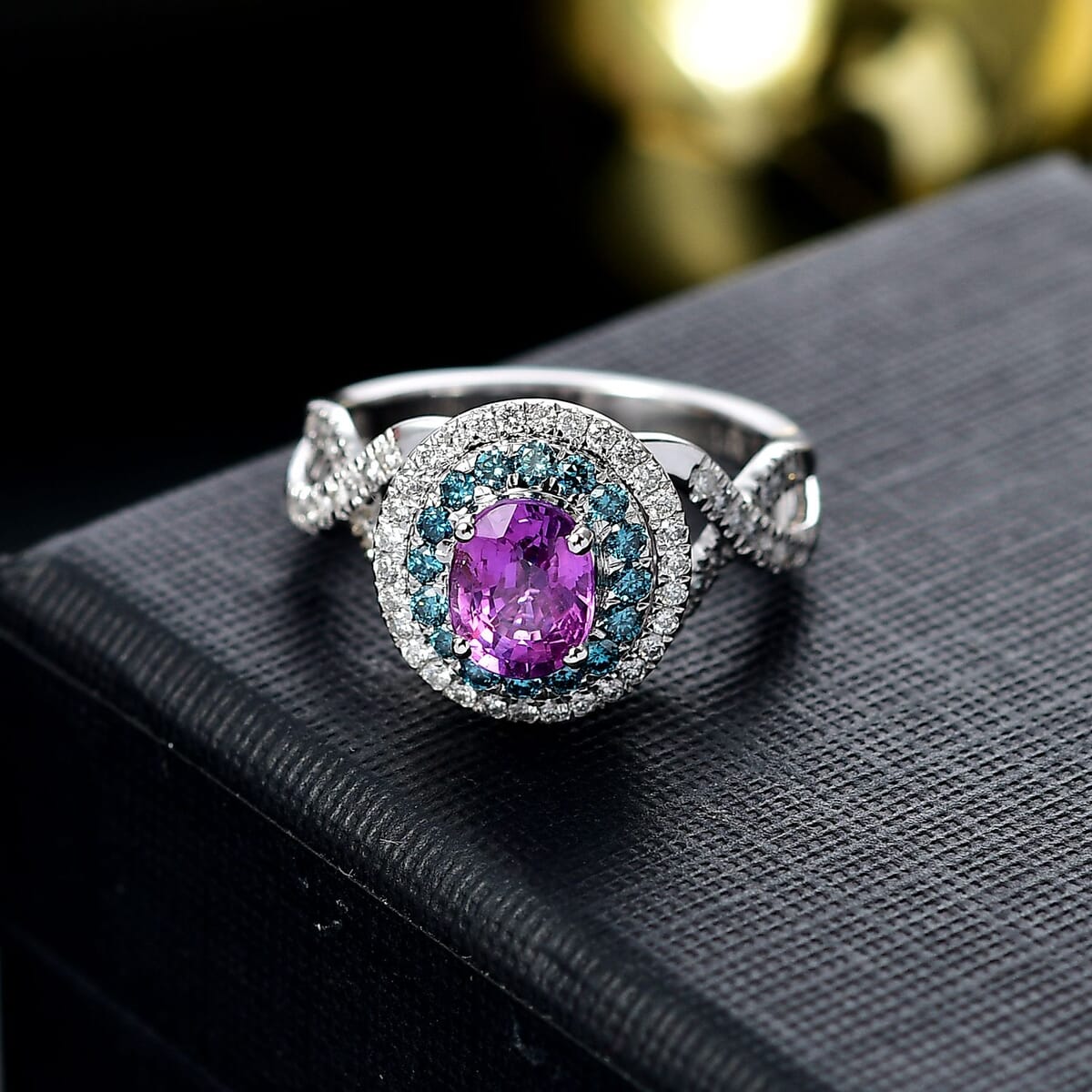 Certified & Appraised Luxoro AAA Lavender Sapphire, Blue and I2 White Diamond 2.00 ctw Ring in 14K White Gold (Size 8.0) 4.80 Grams image number 1