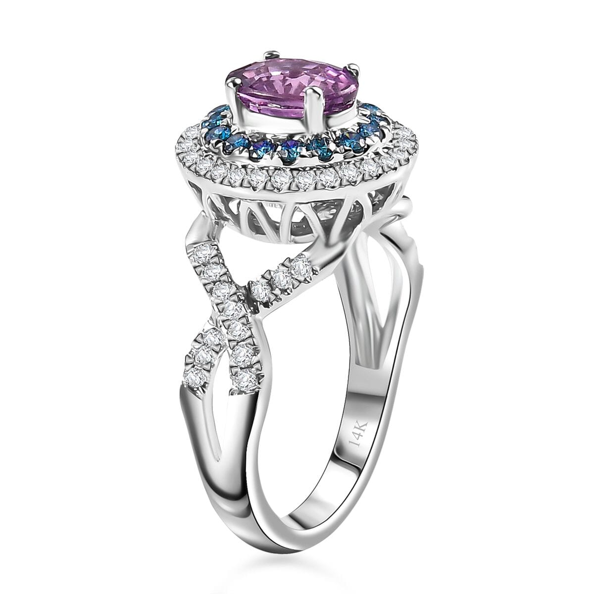 Certified & Appraised Luxoro AAA Lavender Sapphire, Blue and I2 White Diamond 2.00 ctw Ring in 14K White Gold (Size 8.0) 4.80 Grams image number 3
