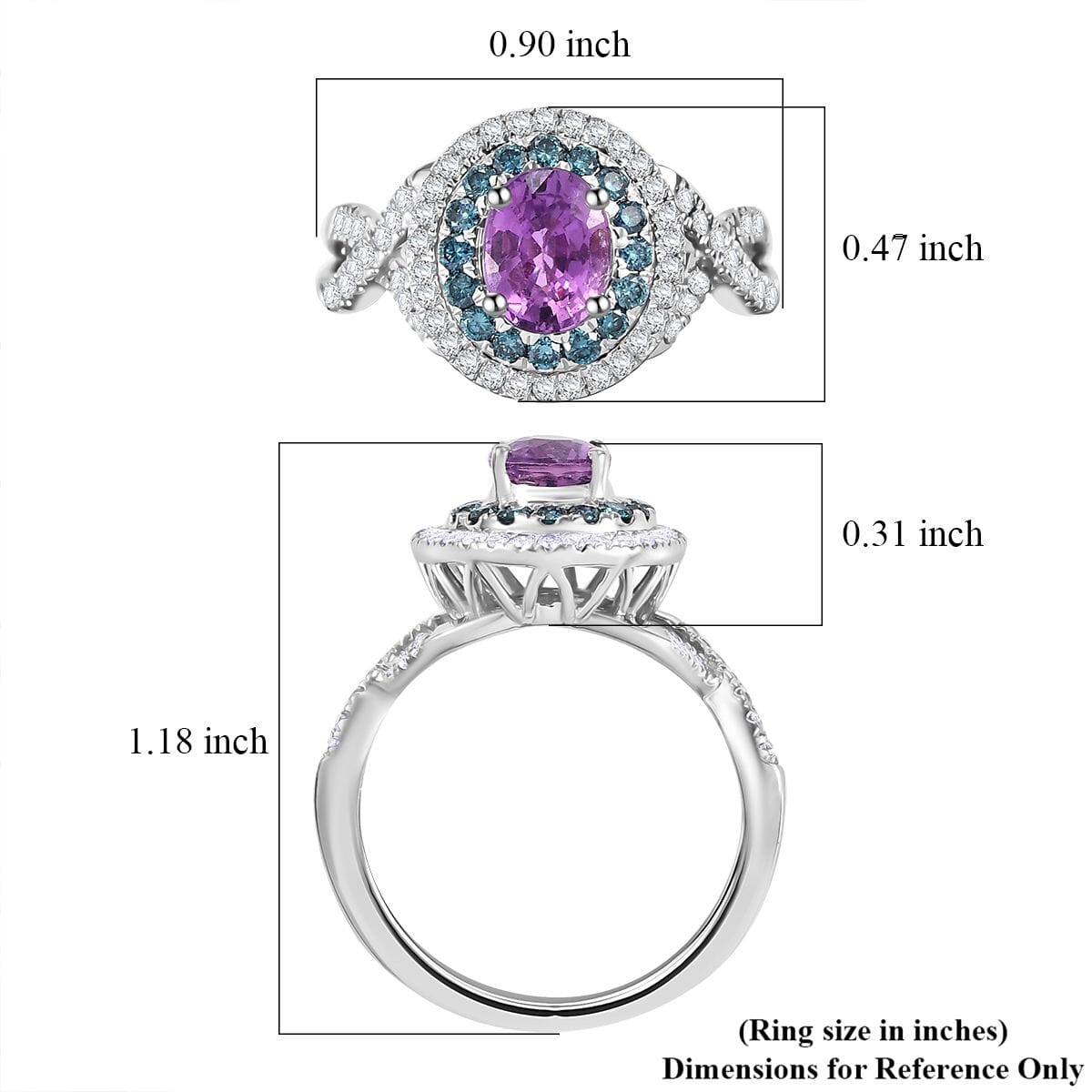 Certified & Appraised Luxoro AAA Lavender Sapphire, Blue and I2 White Diamond 2.00 ctw Ring in 14K White Gold (Size 8.0) 4.80 Grams image number 5