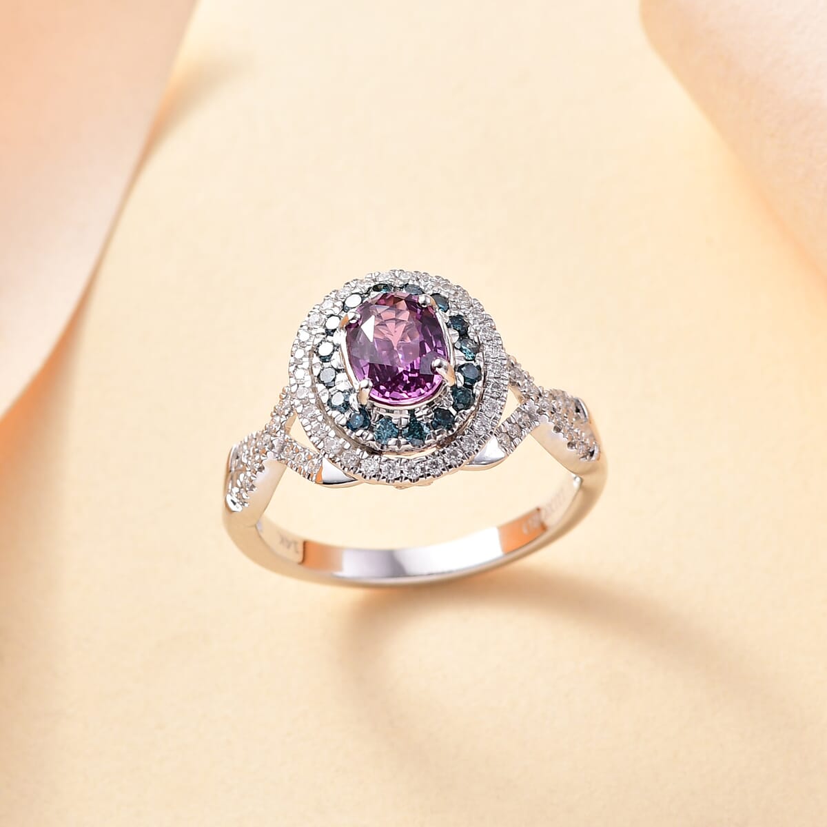 Certified & Appraised Luxoro AAA Lavender Sapphire, Blue and I2 White Diamond 2.00 ctw Ring in 14K White Gold (Size 9.0) 4.80 Grams image number 1