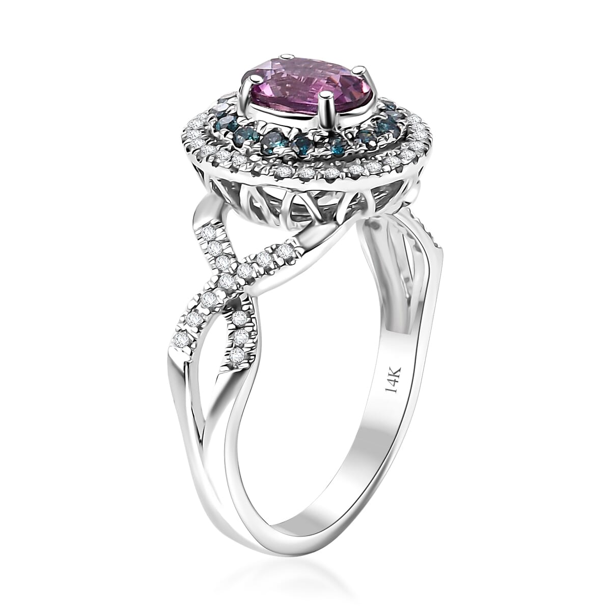 Certified & Appraised Luxoro AAA Lavender Sapphire, Blue and I2 White Diamond 2.00 ctw Ring in 14K White Gold (Size 9.0) 4.80 Grams image number 3