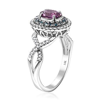 Certified & Appraised Luxoro AAA Lavender Sapphire, Blue and I2 White Diamond 2.00 ctw Ring in 14K White Gold (Size 9.0) 4.80 Grams